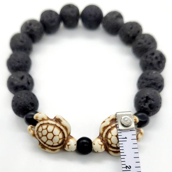 Black Lava Rock Dual Sea Turtles Beaded Stretch Elasticized Bracelet Unisex - Picture 7 of 7